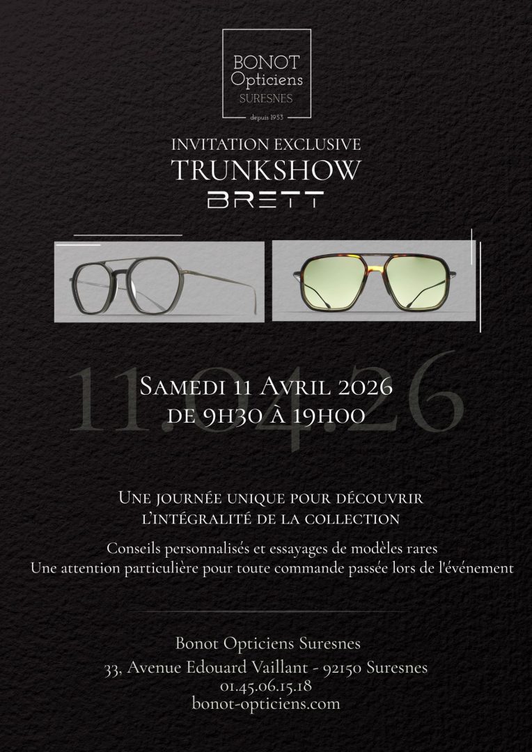 Affiche de l'invitation exclusive au Trunk Show BRETT chez Bonot Opticiens Suresnes le samedi 11 avril 2026.