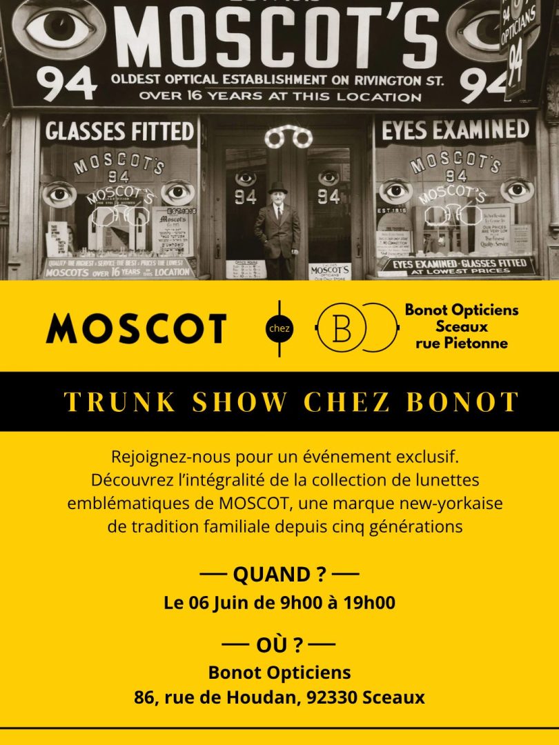Flyer trunk show Moscot chez Bonot opticiens Sceaux rue piétonne